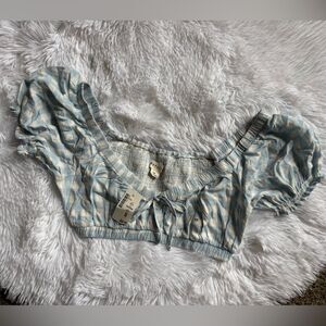 Aeropostale Checkered Crop Top Puffy Sleeves New Blue White Womens Size XS